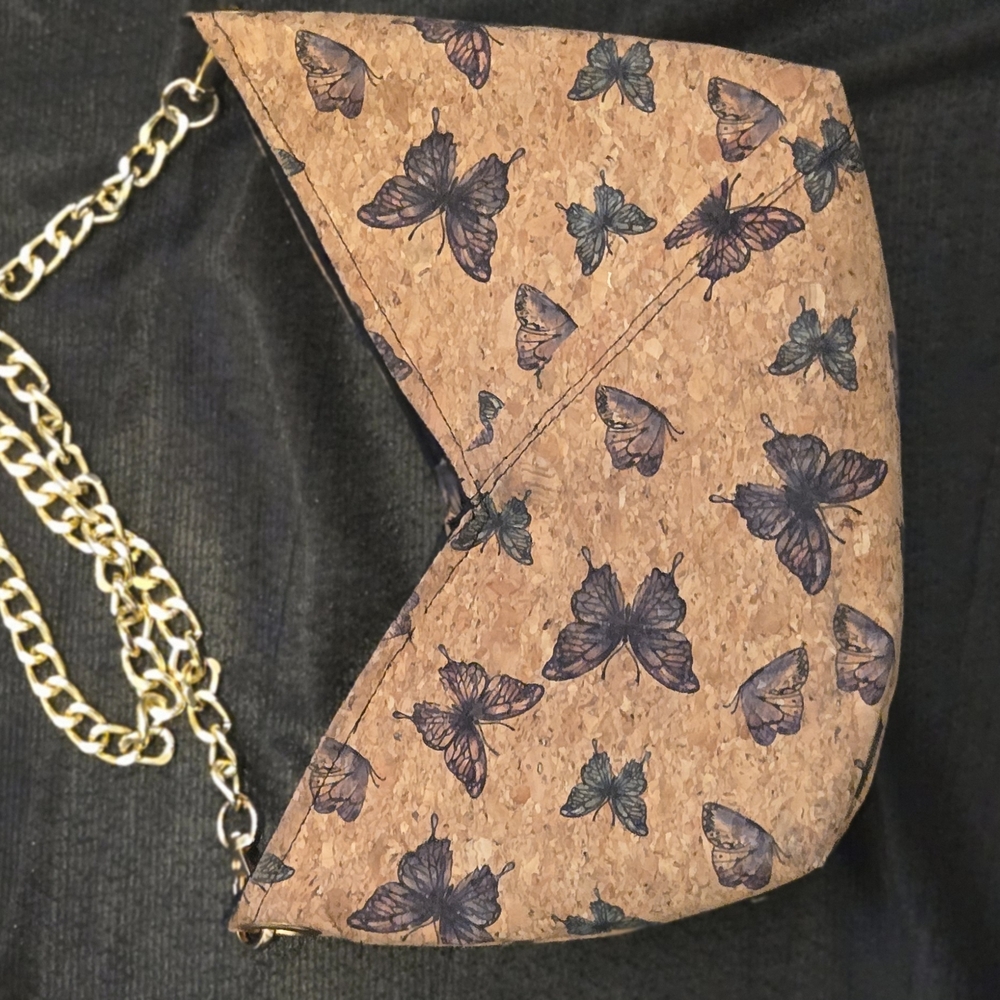 Butterfly Print Cork Shoulder Bag with Gold Chain